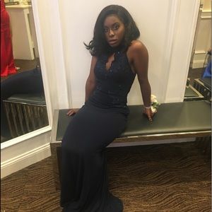 Navy blue halter neck mermaid gown